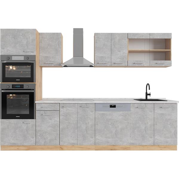 Vicco Cucina Componibile R-Line, 300 Cm Con Armadio Alto, Pl Marmo, Calcestruzzo/Quercia Dorata-image