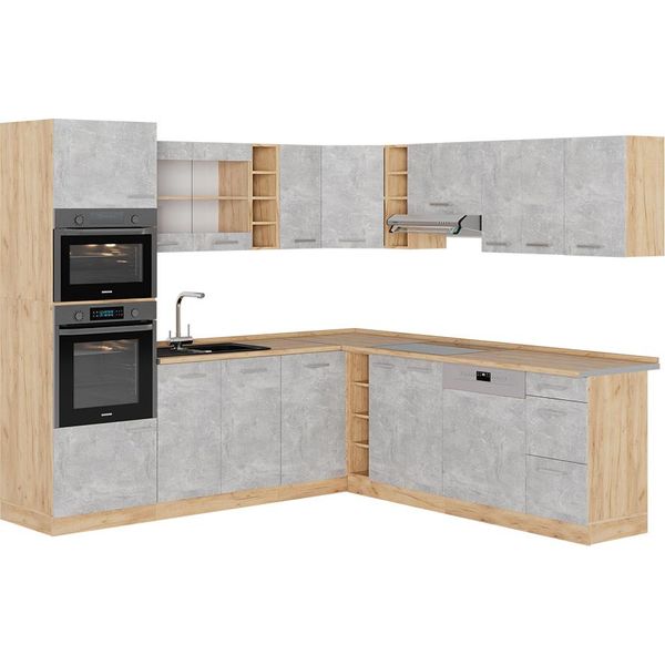 Vicco Cucina Angolare Completa R-Line, 237 X 247 Cm , Pl Rovere, Calcestruzzo/Quercia Dorata-image