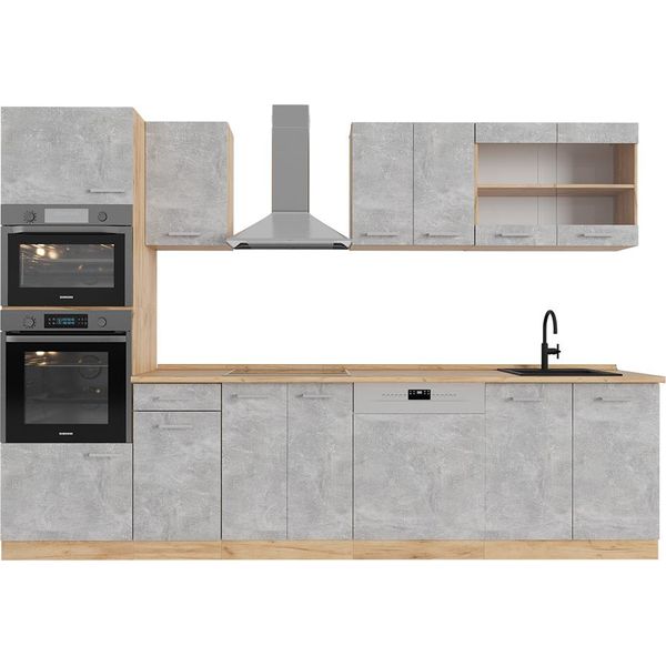 Vicco Cucina Componibile R-Line, 300 Cm Con Armadio Alto, Pl Rovere, Calcestruzzo/Quercia Dorata-image