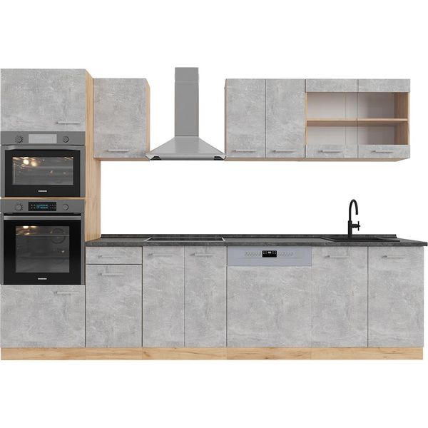 Vicco Cucina Componibile R-Line, 300 Cm Con Armadio Alto, Pl Antracite, Calcestruzzo/Quercia Dorata-image