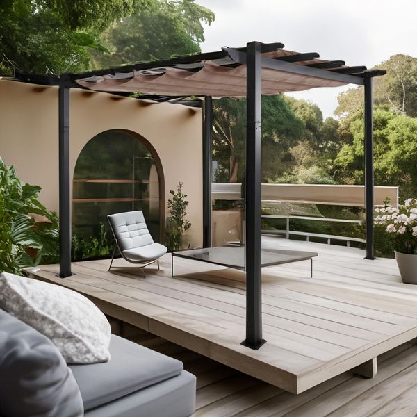 Pergola In Alluminio HWC-N93, Gazebo Da Giardino, Robusta Struttura Da 8 Cm, Tetto Scorrevole UV50+ 3X3M ~ Grigio-image