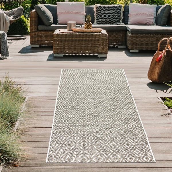 Tappeto Per Interni Ed Esterni Terrazzo Resistente Alle Intemperie A Trama Piatta Con Motivo A Rombi In Beige Dimensioni - 80 X 150 Cm-image