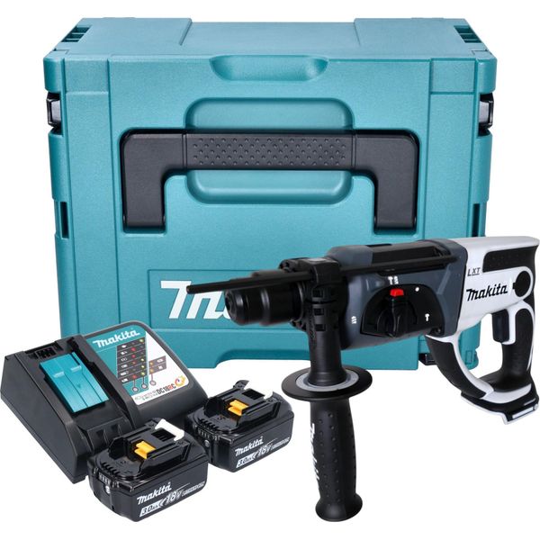 Makita Dhr 202 Rfjw Trapano A Percussione A Batteria 18 V 20 Mm 2,0 J Bianco + 2X Batteria 3,0 Ah + Caricabatteria + Makpac-image