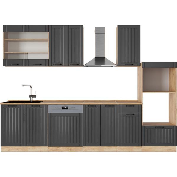 Vicco Cucina Componibile Fame-Line, 300 Cm Con Armadio Alto, Pl Rovere, Grigio Scuro/Quercia Dorata-image