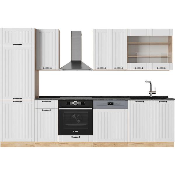 Vicco Cucina Componibile Fame-Line, 300 Cm Senza Piano Di Lavoro, Bianco Casa Di Campagna/Quercia Dorata-image