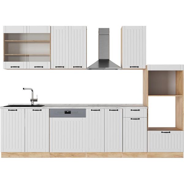 Vicco Cucina Componibile Fame-Line, 300 Cm Con Armadio Alto, Pl Marmo, Bianco Casa Di Campagna/Quercia Dorata-image
