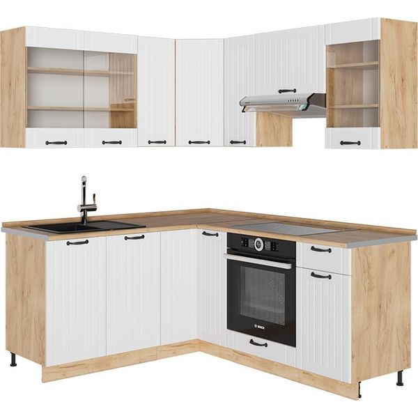 Vicco Cucina Angolare Completa Fame-Line, 190 X 60 Cm , Pl Rovere, Bianco Casa Di Campagna/Quercia Dorata-image