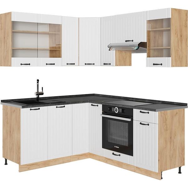 Vicco Cucina Angolare Completa Fame-Line, 190 X 60 Cm , Pl Antracite, Bianco Casa Di Campagna/Quercia Dorata-image
