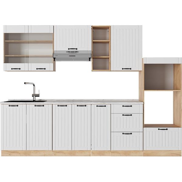 Vicco Cucina Componibile Fame-Line, 280 Cm , Pl Marmo, Bianco Casa Di Campagna/Quercia Dorata-image