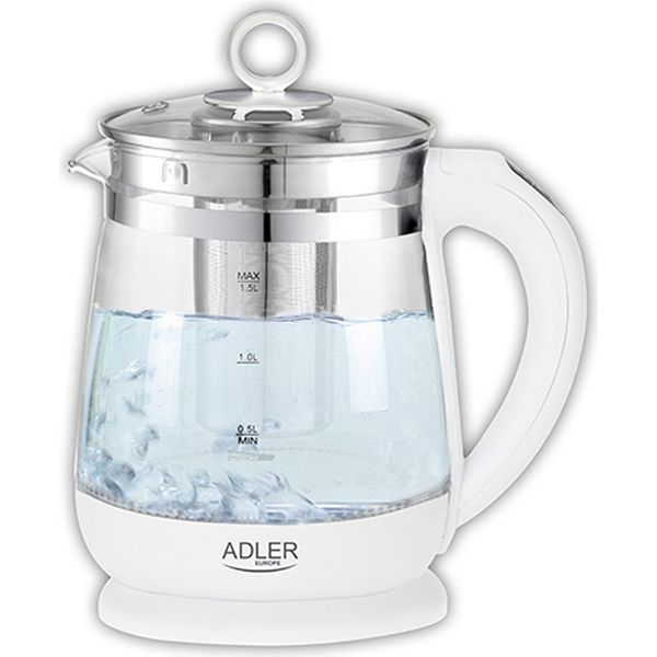 Adler | Bollitore | Ad 1299 | Elettrico | 2200 W | 1,5 L | Vetro / Acciaio Inox | Base Girevole A 360° | Bianco-image