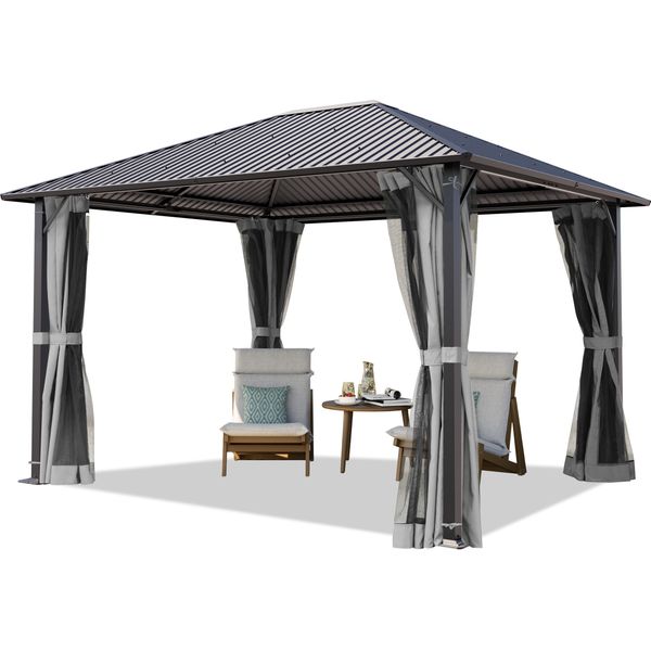 Toolport Gazebo Da Giardino 3X3,65 M Tetto Hardtop In Acciaio Con Teli Laterali E Zanzariere In Grigio-image