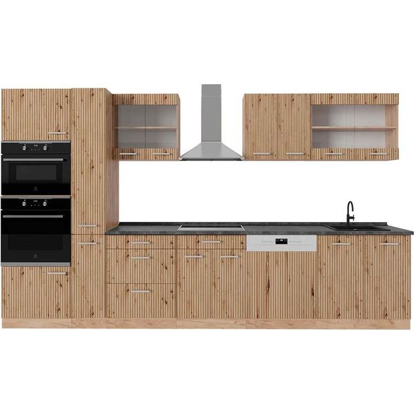 Vicco Cucina Componibile R-Line, 350 Cm Con Armadio Alto, Pt Antracite, Rovere Artigianale/Rovere Goldkraft-image