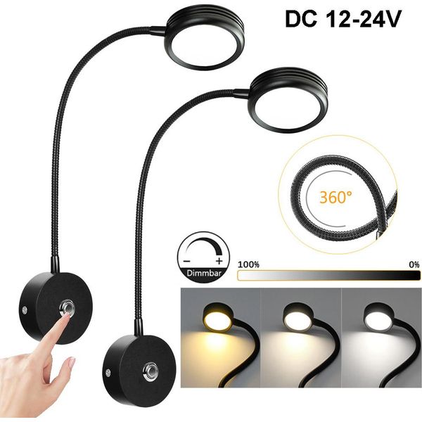 2 Pezzi Led Da Parete Dimmerabile 3 Colori Di Luce, Lampada Da Lettura Braccio Della Lampada Flessibile Connessione Usb A Sfioramento Φ6,5 Cm 12-24V Interni Rv Camper Barca, Nero-image