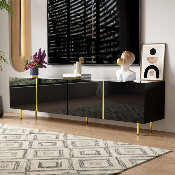 Fortuna Lai Mobile Tv Lucido A 4 Ante, Moderno Ed Elegante, Nero, 170 X 35 X 46 Cm-image