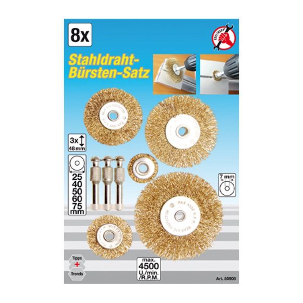 Kraftmann 50908 Set Di Spazzole Metalliche In Acciaio 8 Pezzi Per Trapano 25-40-50-60-75 Mm-image
