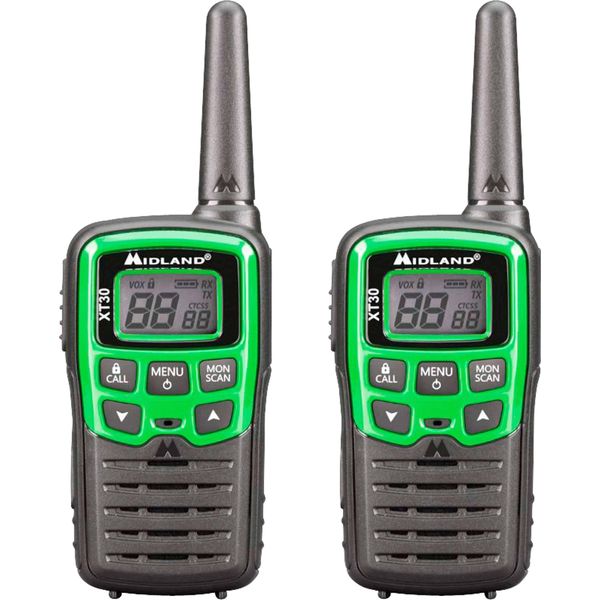Midland XT30 - 2 Radio Ricetrasmittente Per La Famiglia, Walkie Talkie Senza Licenza Con 16 Canali Pmr 446, Fino A 6 Km Di Portata, Autonomia 5 H, Colore Verde - Set Di 2 Radio 2, 2 Clip D’Aggancio A Cintura-image
