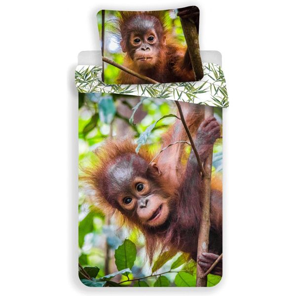 Biancheria Da Letto Per Bambini Reversibile Motivo Orango Scimmia Albero Foresta Natura Giungla Piumone 140 X 200 + Cuscino 70 X 90 Cm 100% Cotone Con Zip-image