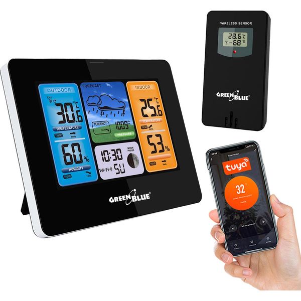 Stazione Meteo Previsioni Meteo App Wifi Tuya Display 7 Lingue Visualizzazione Fasi Lunari IPX4 Verdeblu-image