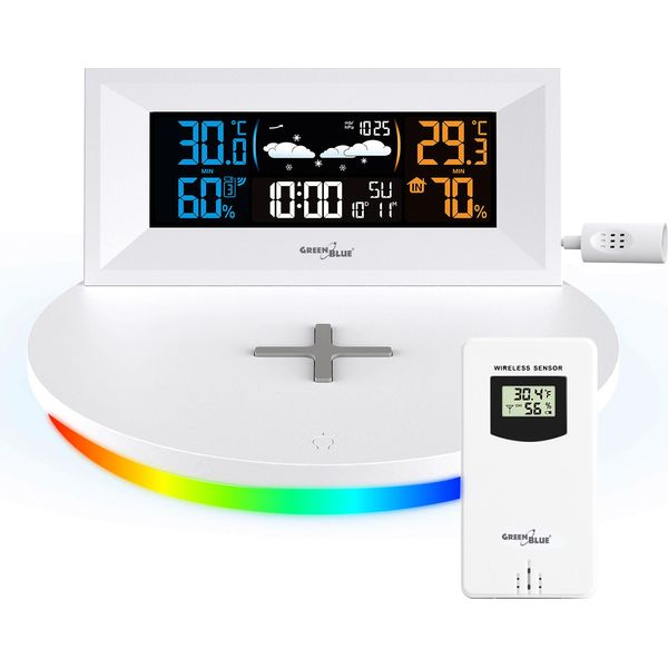Stazione Meteorologica Con Caricatore Qi E Illuminazione Display A Colori Lcd Temperatura Interna Esterna Sveglia Funzione Snooze Usb GB213 Verdeblu-image