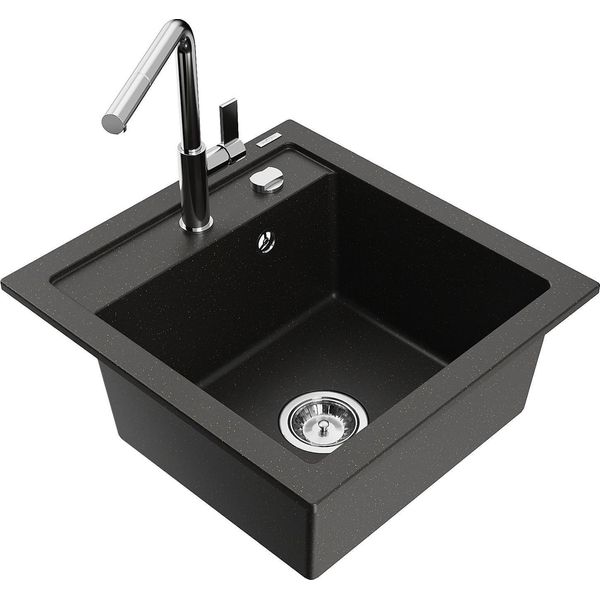 Mexen Vito Lavello In Granito A 1 Vasca Con Rubinetto Cucina Flora, Nero/Oro Metallizzato - 6503-75-670401-00-image