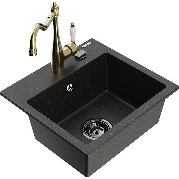 Mexen Milo Lavello In Granito A 1 Vasca Con Miscelatore Da Cucina Carla, Nero/Oro Metallico - 6505-75-670700-50-B-image