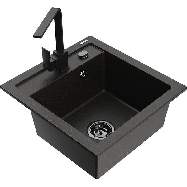 Mexen Vito Lavello In Granito 1-Vasca Con Miscelatore Da Cucina Rita, Nero/Oro Metallico - 6503-75-670300-70-B-image