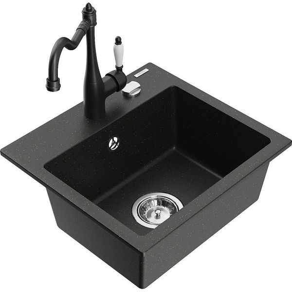 Mexen Milo Lavello Da Cucina In Granito 1-Vasca Con Miscelatore Da Cucina Carla, Nero/Oro Metallizzato - 6505-75-670700-70-image