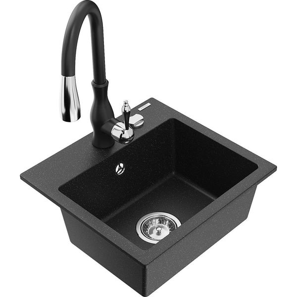 Mexen Milo Lavello In Granito A 1 Vasca Con Rubinetto Da Cucina Savita, Nero/Argento Metallizzato- 6505-73-672601-70-image