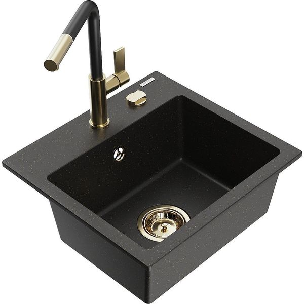 Mexen Milo Lavello Da Cucina In Granito 1-Vasca Con Miscelatore Cucina Flora, Nero/Oro Metallico - 6505-75-670401-57-G-image