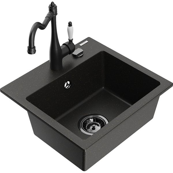 Mexen Milo Lavello In Granito 1-Vasca Con Miscelatore Da Cucina Carla, Nero/Oro Metallizzato - 6505-75-670700-70-B-image
