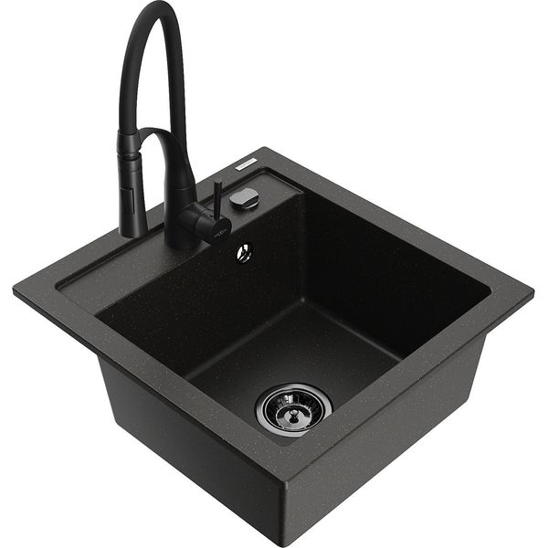 Mexen Vito Lavello In Granito A 1 Vasca Con Rubinetto Da Cucina Aster, Nero/Oro Metallizzato- 6503-75-73450-70-B-image