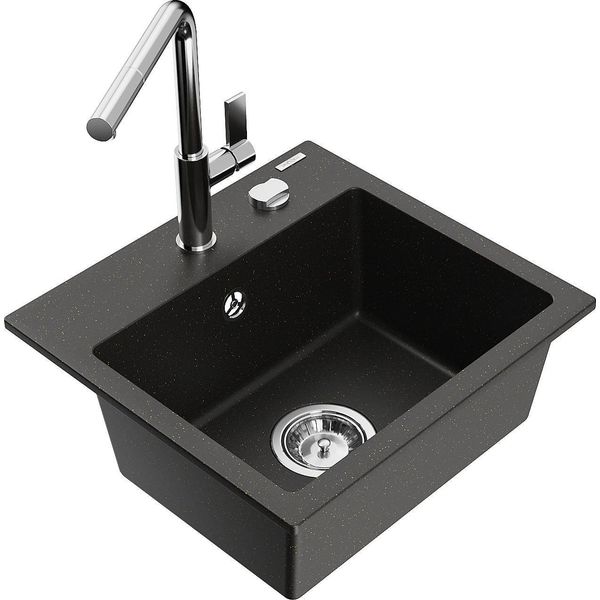 Mexen Milo Lavello In Granito A 1 Vasca Con Miscelatore Da Cucina Flora, Nero/Oro Metallizzato - 6505-75-670401-00-image