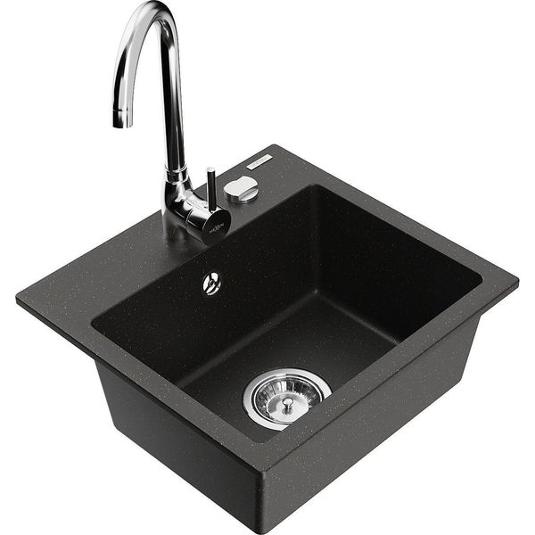 Mexen Milo Lavello Da Cucina In Granito A 1 Vasca Con Rubinetto Telma, Nero/Oro - 6505-75-670200-00-image