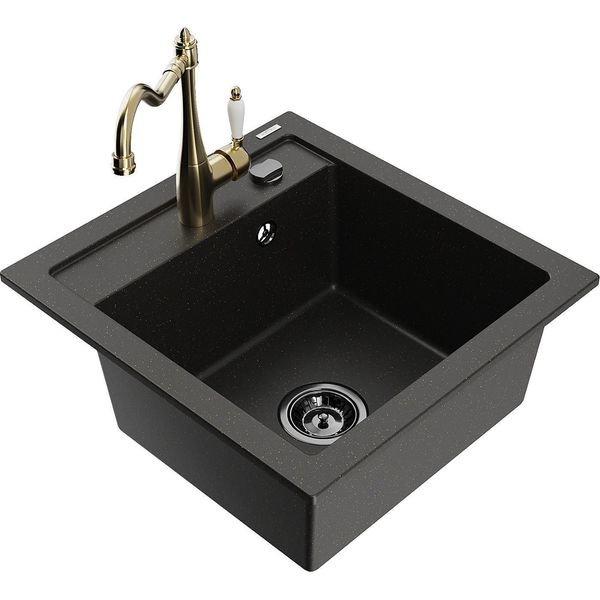 Mexen Vito Lavello In Granito A 1 Vasca Con Rubinetto Da Cucina Carla, Nero/Oro Metallizzato - 6503-75-670700-50-B-image