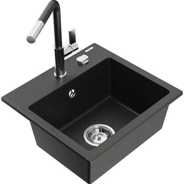 Mexen Milo Lavello In Granito Con 1 Vasca E Miscelatore Da Cucina Flora, Nero/Oro Metallizzato - 6505-75-670401-07-image