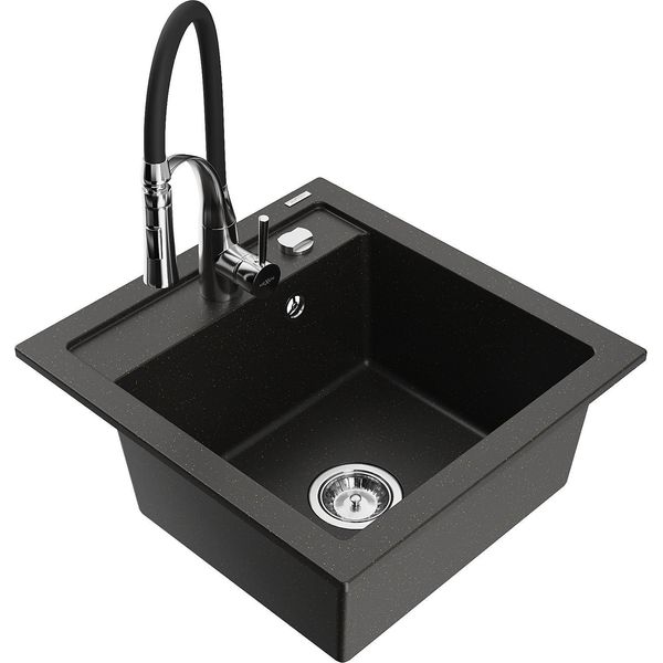 Mexen Vito Lavello In Granito A 1 Vasca Con Rubinetto Da Cucina Aster, Nero/Oro Metallizzato- 6503-75-73450-07-image