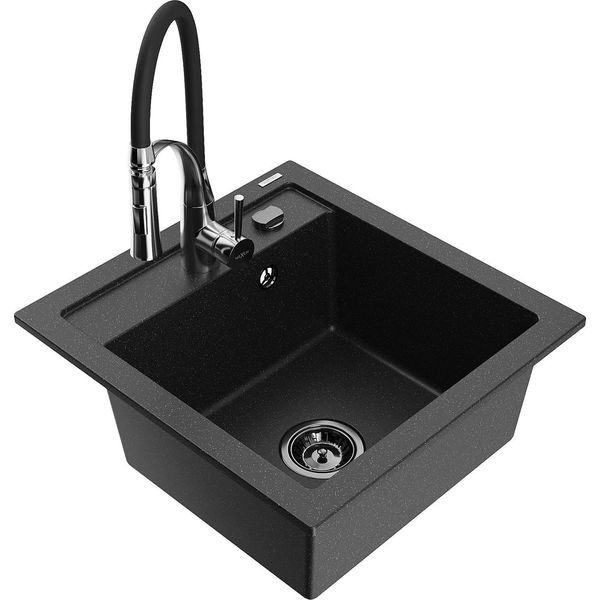 Mexen Vito Lavello Da Cucina In Granito 1-Vasca Con Miscelatore Cucina Aster, Nero/Argento Metallizzato- 6503-73-73450-07-B-image