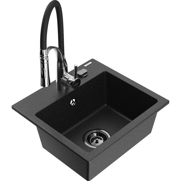 Mexen Milo Lavello In Granito A 1 Vasca Con Miscelatore Da Cucina Aster, Nero/Metallo Argento - 6505-73-73450-07-B-image