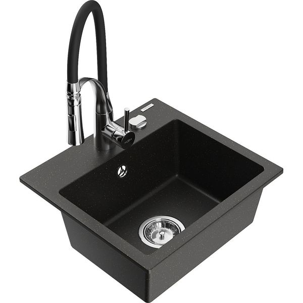 Mexen Milo Lavello Da Cucina In Granito A 1 Vasca Con Rubinetto Aster, Nero/Oro Metallizzato - 6505-75-73450-07-image