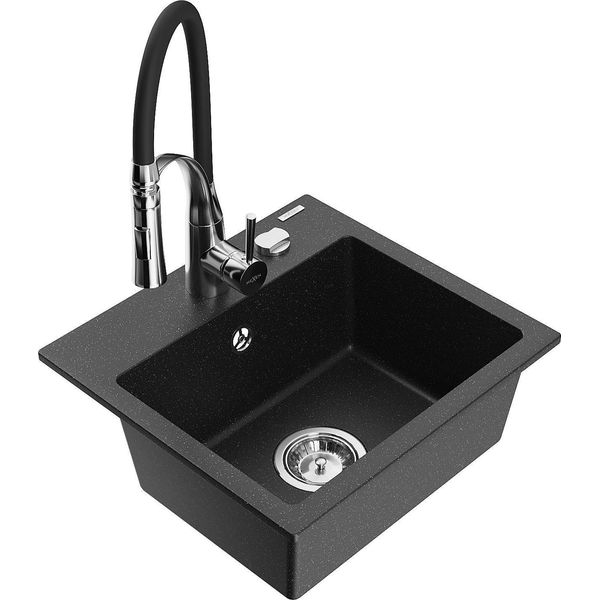 Mexen Milo Lavello Da Cucina In Granito A 1 Vasca Con Rubinetto Da Cucina Aster, Nero/Argento Metallizzato - 6505-73-73450-07-image
