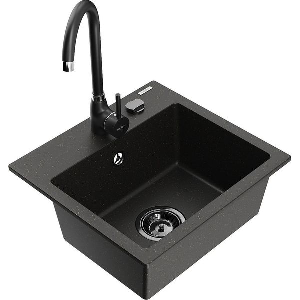 Mexen Milo Lavello Da Cucina In Granito Con 1 Vasca E Rubinetto Telma, Nero/Oro - 6505-75-670200-70-B-image