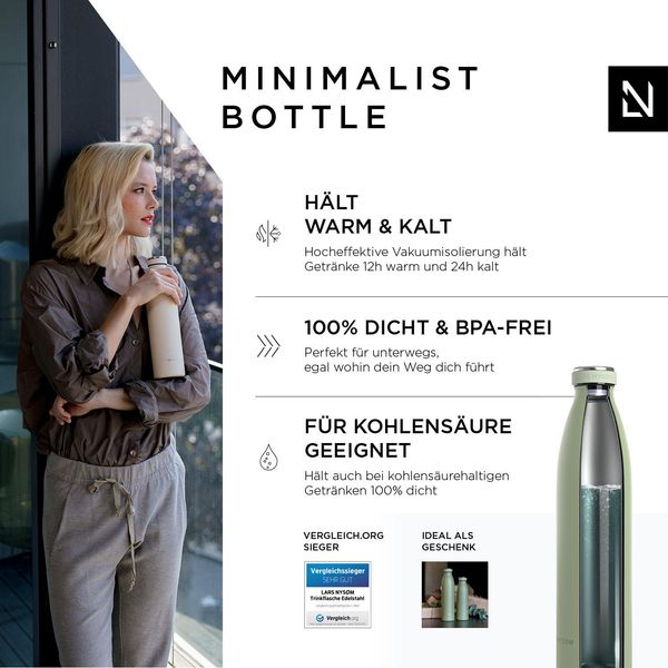 Lars NysØM Borraccia In Acciaio Inox | Bottiglia Isolata Senza Bpa | Borraccia A Prova Di Perdite Per Sport, Bicicletta, Cane, Bambino, Bambini 1000Ml Salvia-image