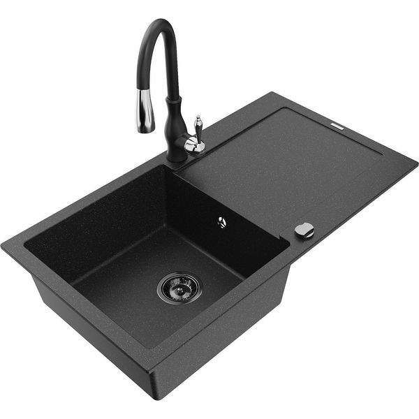 Mexen Leo Lavello In Granito 1 Vasca Con Sgocciolatoio E Rubinetto Da Cucina Savita, Nero/Argento Metallizzato-image