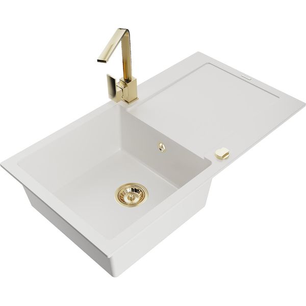Mexen Leo Lavello In Granito A 1 Vasca Con Scolapiatti E Miscelatore Cucina Rita, Bianco - 6501-20-670300-50-image