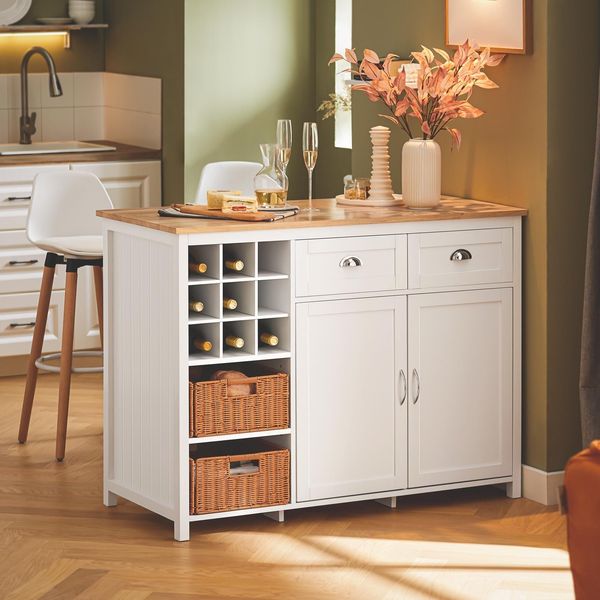 Sobuy KNL05-W Isola Da Cucina Con 2 Cestini In Rattan Armadio Da Cucina Cassettiera Armadio Credenza Tavolo Da Bar Buffet Bianco-image