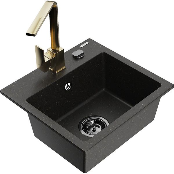 Mexen Milo Lavello In Granito A 1 Vasca Con Rubinetto Da Cucina Rita, Nero/Oro Metallizzato - 6505-75-670300-50-B-image