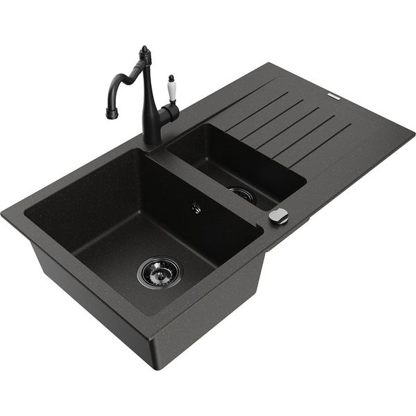 Mexen Matias Lavello In Granito Da 1,5 Vasche Con Scolapiatti E Rubinetto Da Cucina Carla Nero/Oro Metallizzato-image