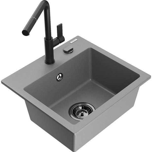 Mexen Milo Lavello Da Cucina In Granito 1-Vasca Con Miscelatore Cucina Flora, Grigio - 6505-71-670401-70-B-image