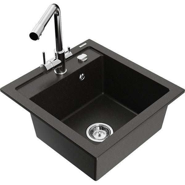 Mexen Vito Lavello Da Cucina In Granito 1 Vasca Con Rubinetto Duero, Nero/Oro Metallizzato - 6503-75-671600-00-image