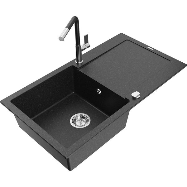 Mexen Leo Lavello In Granito A 1 Vasca Con Sgocciolatoio E Rubinetto Da Cucina Flora, Nero/Argento Metallizzato-image